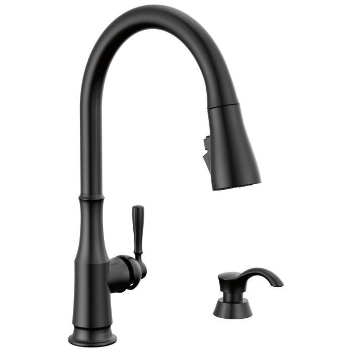 Delta Capertee 19877Z Single Handle Pull-Down Kitchen Faucet with Soap Dispenser and ShieldSpray Technology, matte black