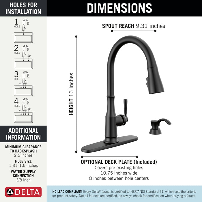 Delta Capertee 19877Z Single Handle Pull-Down Kitchen Faucet with Soap Dispenser and ShieldSpray Technology, matte black...