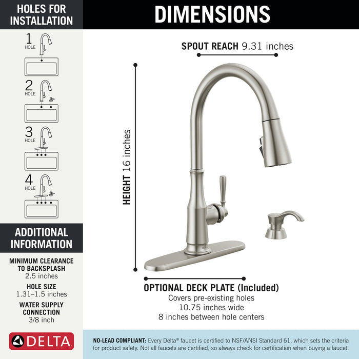 Delta Capertee 19877Z Single Handle Pull-Down Kitchen Faucet with Soap Dispenser and ShieldSpray Technology, spotshield...