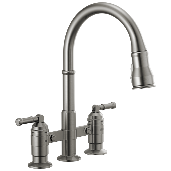 Delta Broderick 2390L Two Handle Pull-Down Bridge Kitchen Faucet, black stainless
