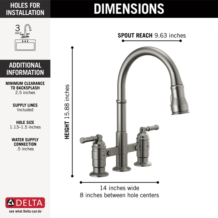 Delta Broderick 2390L Two Handle Pull-Down Bridge Kitchen Faucet, black stainless - view 2
