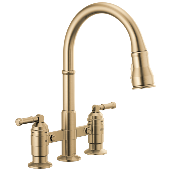 Delta Broderick 2390L Two Handle Pull-Down Bridge Kitchen Faucet, champagne bronze