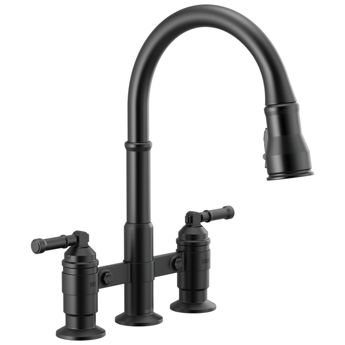 Delta Broderick 2390L Two Handle Pull-Down Bridge Kitchen Faucet, matte black