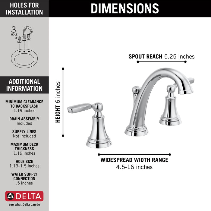 Delta Woodhurst 3532LF Two Handle Widespread Bathroom Faucet, chrome - view 4