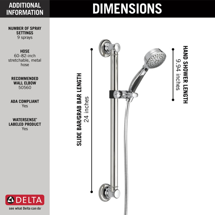 Delta Universal Showering Components 51900 ActivTouch 9-Setting Hand Shower with Traditional Slide Bar / Grab Bar, chrome...