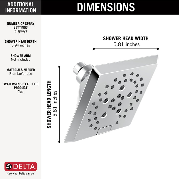 Delta Universal Showering Components 52664 H2OKINETIC 5-Setting Angular Modern Raincan Shower Head, lumicoat chrome - view 3