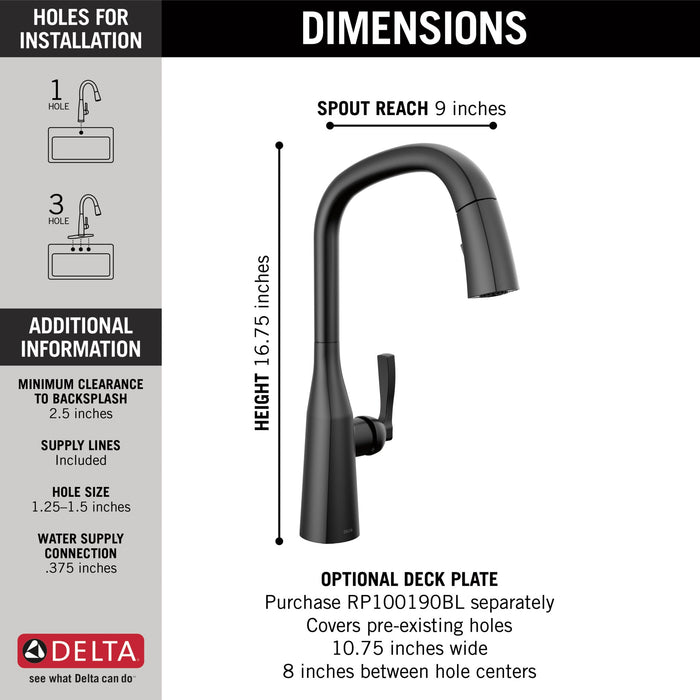 Delta Stryke 9176 Single Handle Pull-Down Kitchen Faucet, matte black - view 3