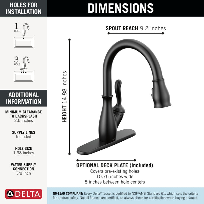 Delta Leland 9178 Single Handle Pull-Down Kitchen Faucet with ShieldSpray Technology, matte black - view 2