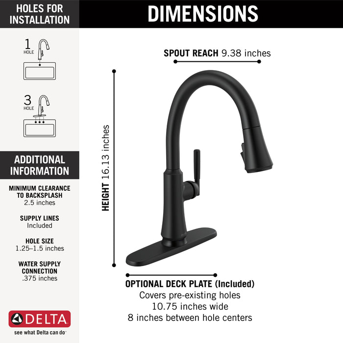 Delta Coranto 9179T Single Handle Pull-Down Kitchen Faucet with TouchTouch 2O Technology, matte black - view 2