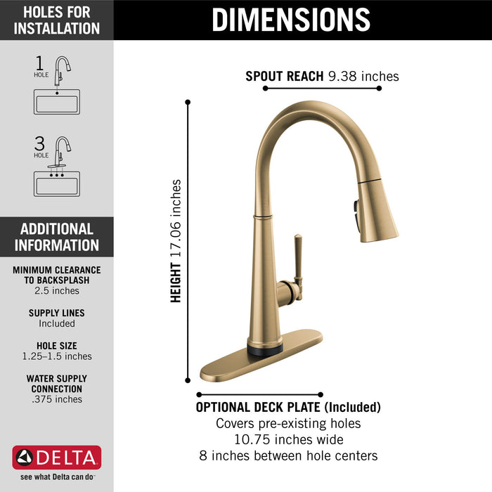 Delta Emmeline: Single Handle Pull Down Kitchen Faucet with Touch2O Technology, lumicoat champagne bronze - view 3