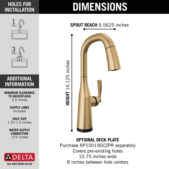 Delta Stryke 9976T Single Handle Pull-Down Bar/Prep Faucet with TouchTouch 2O Technology, lumicoat champagne bronze - view 3