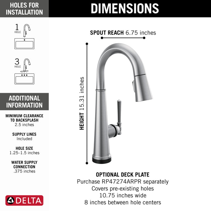 Delta Emmeline: Single Handle Pull Down Bar/Prep Faucet with Touch2O Technology, lumicoat arctic stainless - view 3