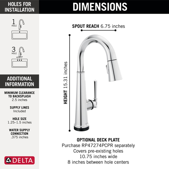 Delta Emmeline: Single Handle Pull Down Bar/Prep Faucet with Touch2O Technology, lumicoat chrome - view 3