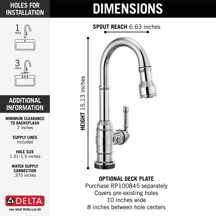 Delta Broderick 9990T Single Handle Pull-Down Bar/Prep Faucet with TouchTouch 2O Technology, chrome - view 3