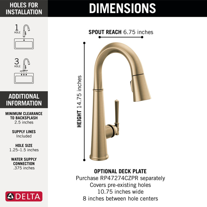 Delta Emmeline 9982 Single Handle Pull-Down Bar/Prep Faucet, lumicoat champagne bronze - view 3