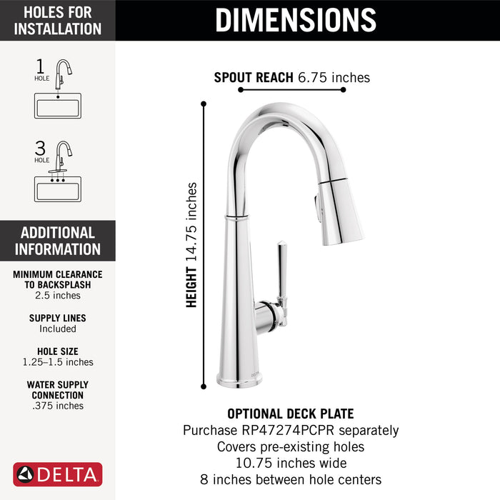 Delta Emmeline 9982 Single Handle Pull-Down Bar/Prep Faucet, lumicoat chrome - view 4