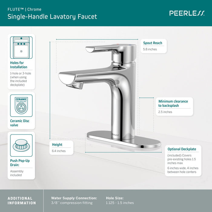 Peerless Flute P1513LF Single Top Handle Lavatory Faucet, chrome - view 3