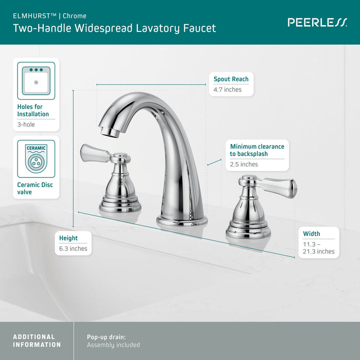Peerless Elmhurst P3565LF Two-Handle Widespread Bath Faucet, chrome - view 5