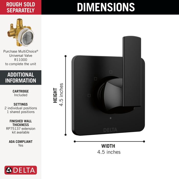 Delta Velum T11837 3-Setting 2-Port Diverter Trim, matte black - view 2