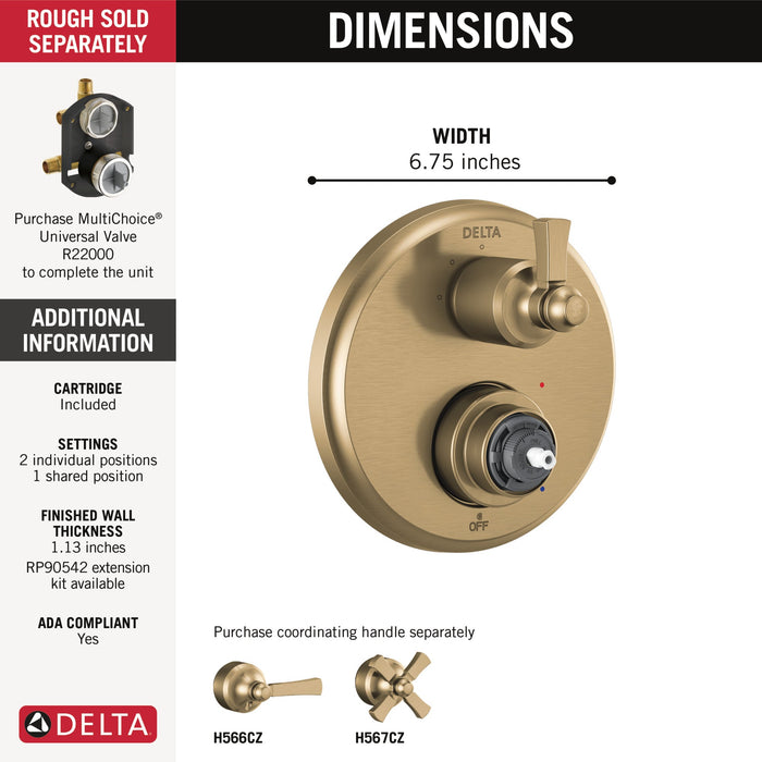 Delta Dorval T24856 Traditional 2-Handle Monitor 14 Series Valve Trim with 3 Setting Diverter