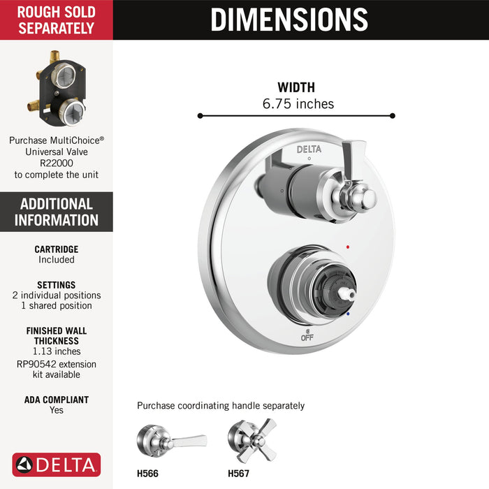 Delta Dorval T24856 Traditional 2-Handle Monitor 14 Series Valve Trim with 3 Setting Diverter