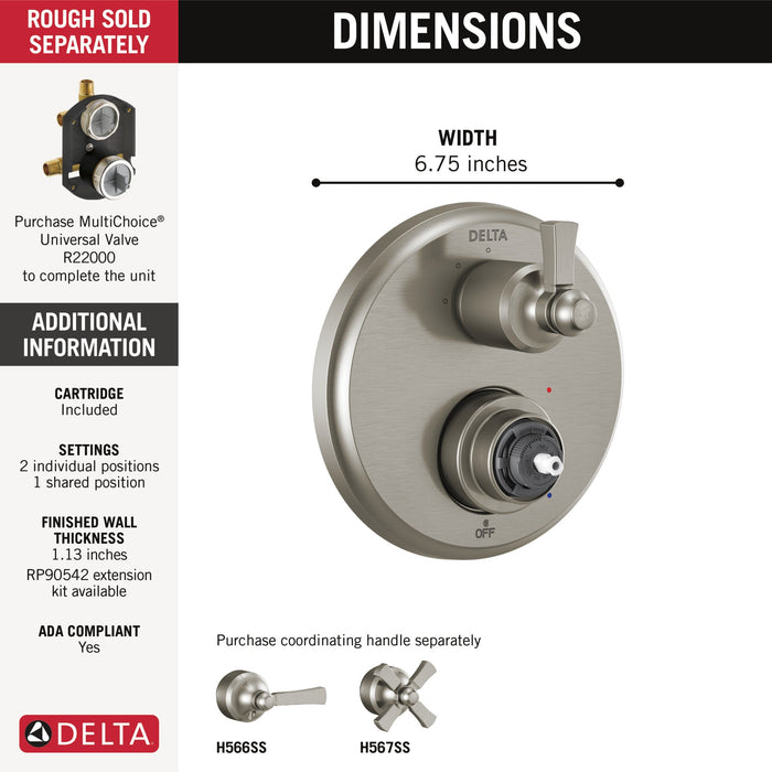 Delta Dorval T24856 Traditional 2-Handle Monitor 14 Series Valve Trim with 3 Setting Diverter