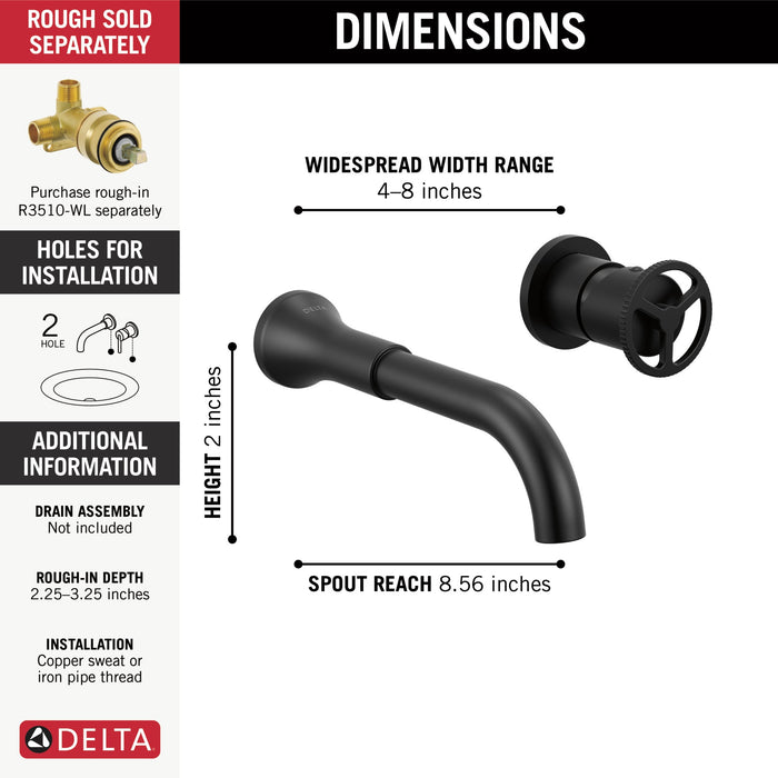 Delta Trinsic T3558LF Single Handle Wall Mount Bathroom Faucet Trim, matte black - view 2