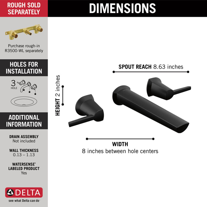 Delta Galeon T3571LF Two Handle Wall Mount Bathroom Faucet, matte black - view 2