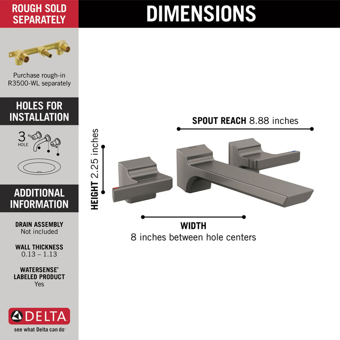 Delta Pivotal T3599LF Two-Handle Wall Mount Bathroom Faucet Trim, lumicoat black stainless - view 2