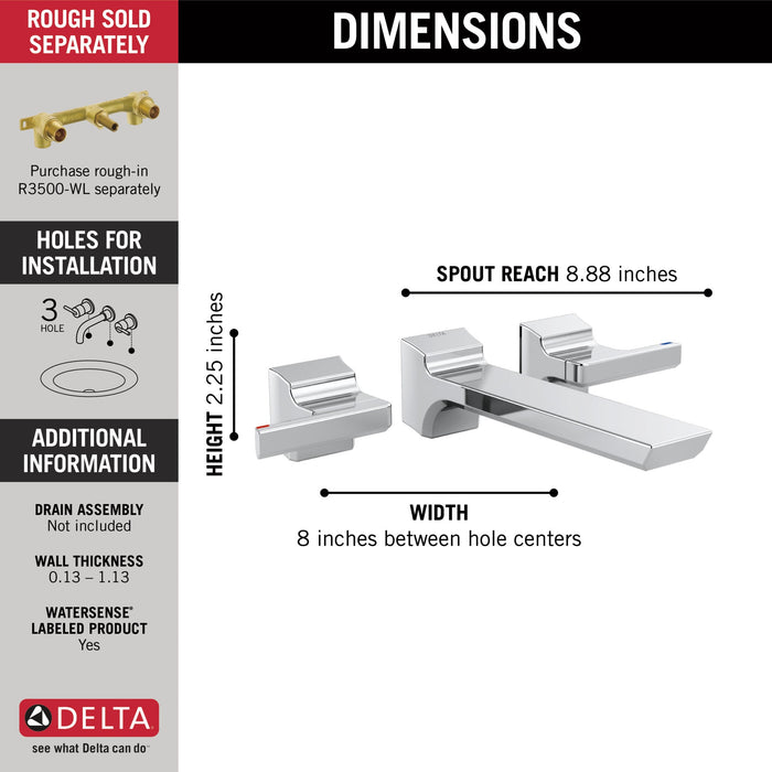 Delta Pivotal T3599LF Two-Handle Wall Mount Bathroom Faucet Trim, lumicoat chrome - view 4
