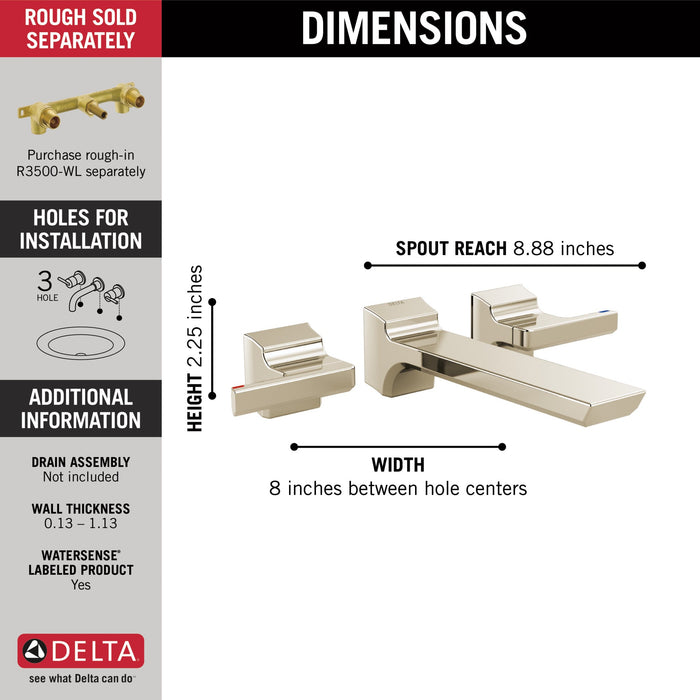 Delta Pivotal T3599LF Two-Handle Wall Mount Bathroom Faucet Trim, lumicoat polished nickel - view 2