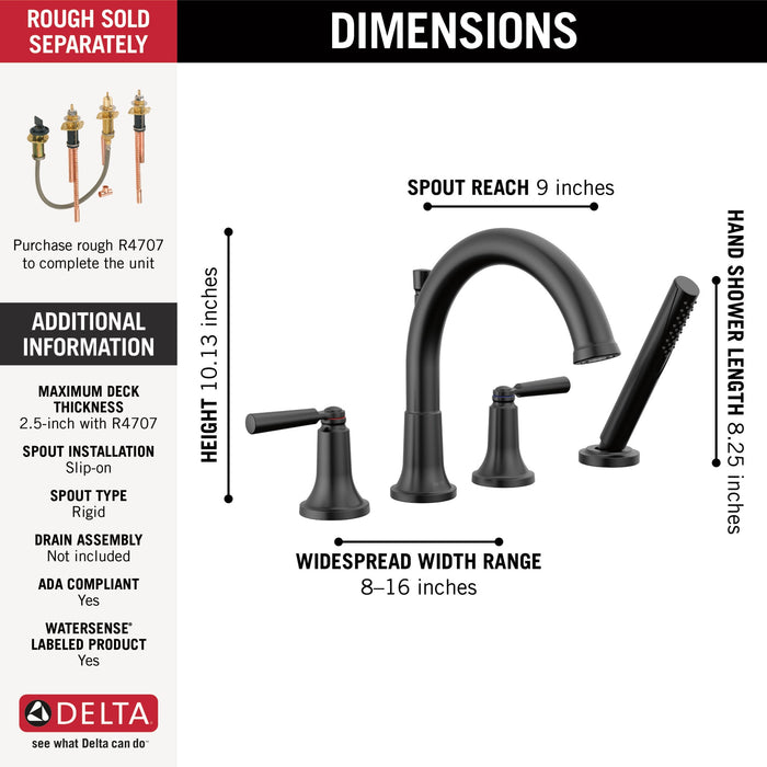 Delta Saylor T4735 Roman Tub Trim with Hand Shower, matte black - view 2