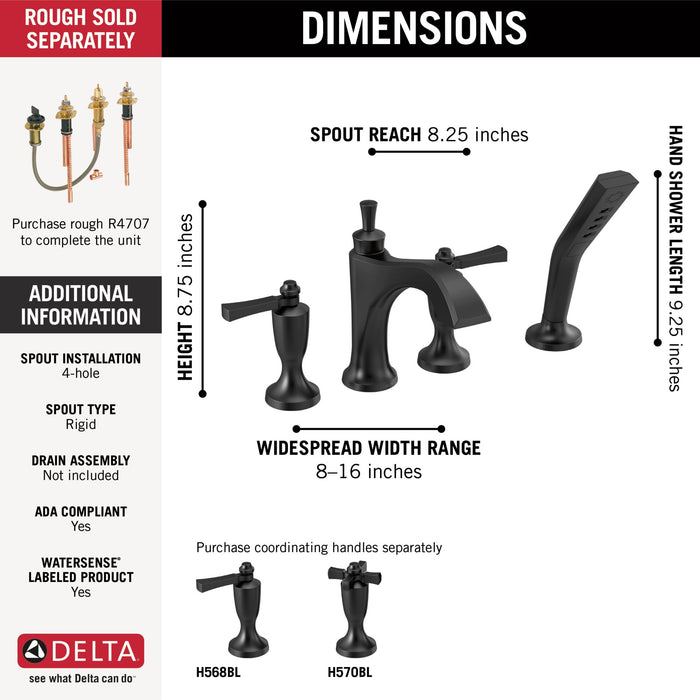 Delta Dorval T4756 Roman Tub with Hand Shower Trim - Less Handles, matte black 2 - view 4