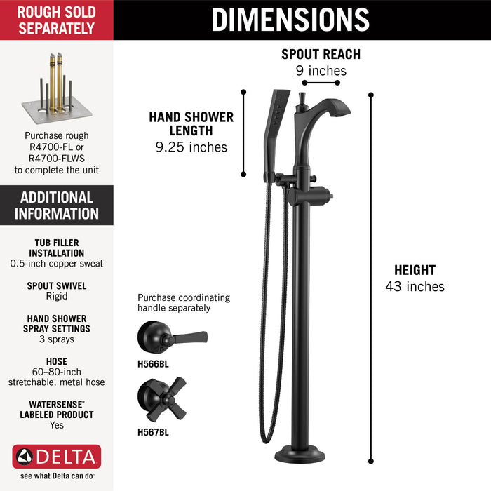 Delta Dorval T4756 Roman Tub with Hand Shower Trim - Less Handles, matte black - view 4