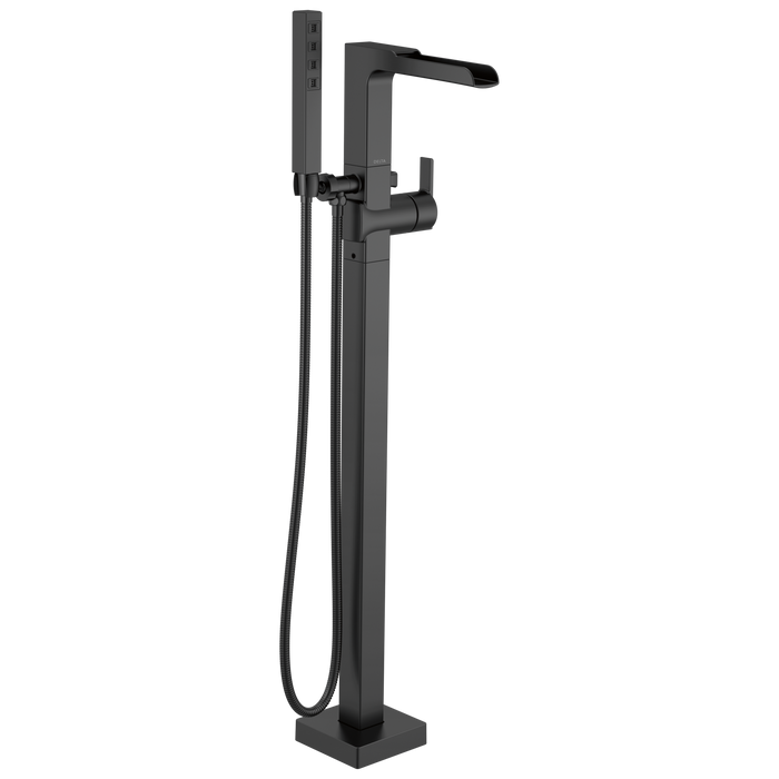 Delta Ara T4768 Single Handle Floor Mount Channel Spout Tub Filler Trim with Hand Shower, matte black