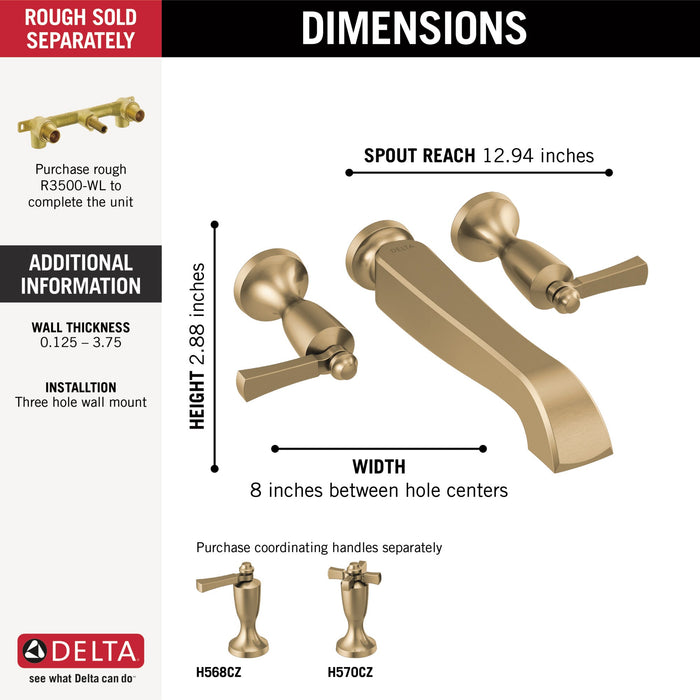 Delta Dorval T5756 Two Handle Wall Mount Tub Filler - Less Handles, champagne bronze - view 4