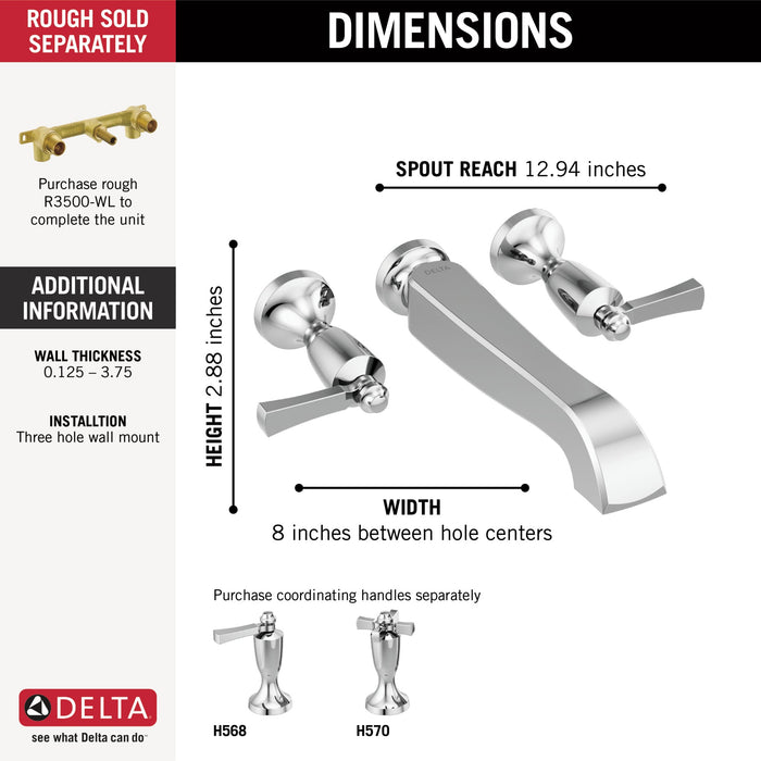 Delta Dorval T5756 Two Handle Wall Mount Tub Filler - Less Handles, chrome - view 4