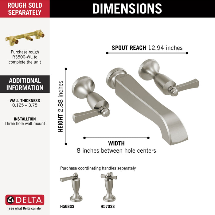 Delta Dorval T5756 Two Handle Wall Mount Tub Filler - Less Handles, stainless - view 4