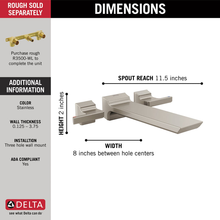Delta Pivotal T5799 Two Handle Wall Mounted Tub Filler, lumicoat stainless - view 2