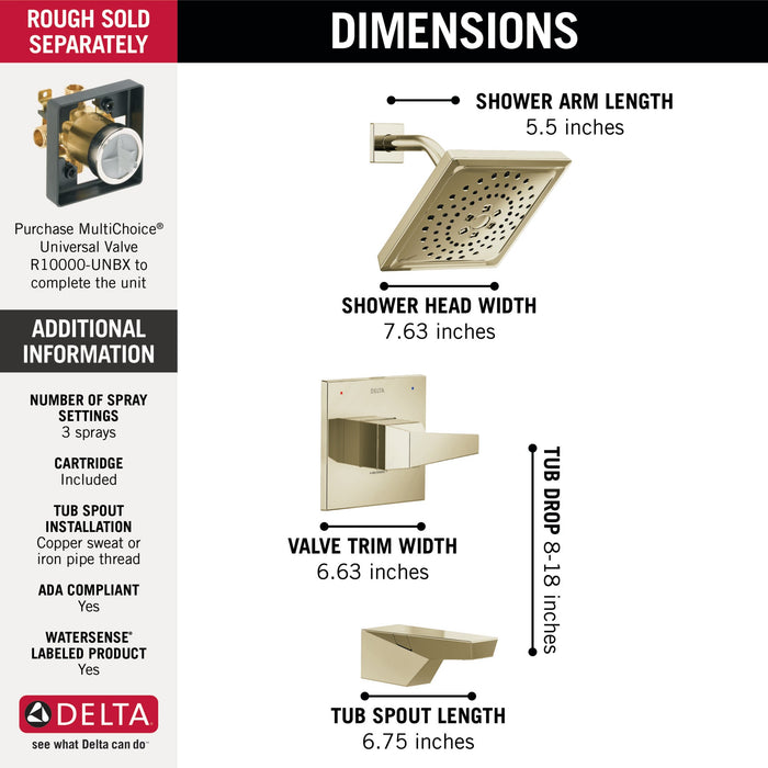 Delta Trillian T14443 14 Series H2Okinetic Tub Shower Trim, lumicoat polished nickel - view 4