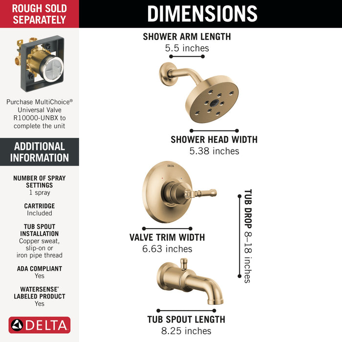 Delta Broderick T14484 14 Series Tub Shower Trim, lumicoat champagne bronze - view 4