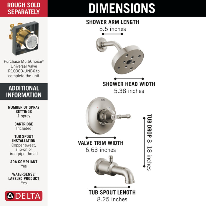 Delta Broderick T14484 14 Series Tub Shower Trim, lumicoat stainless - view 4