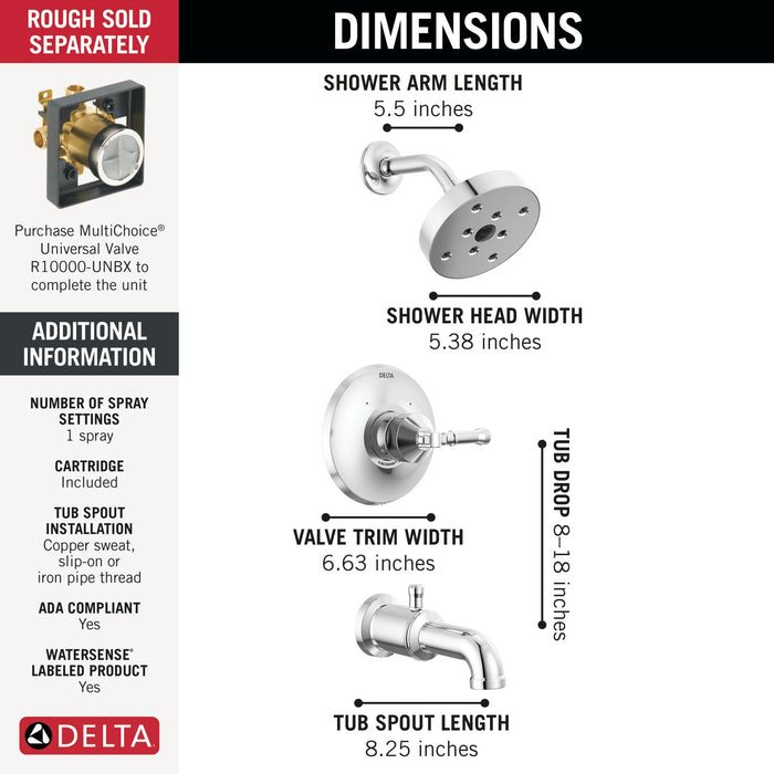 Delta Broderick T14484 14 Series Tub Shower Trim, lumicoat chrome - view 2