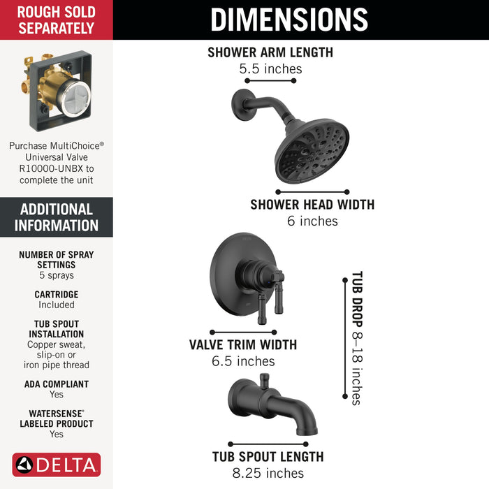 Delta Broderick T17484 17 Series Tub Shower Trim, matte black - view 2