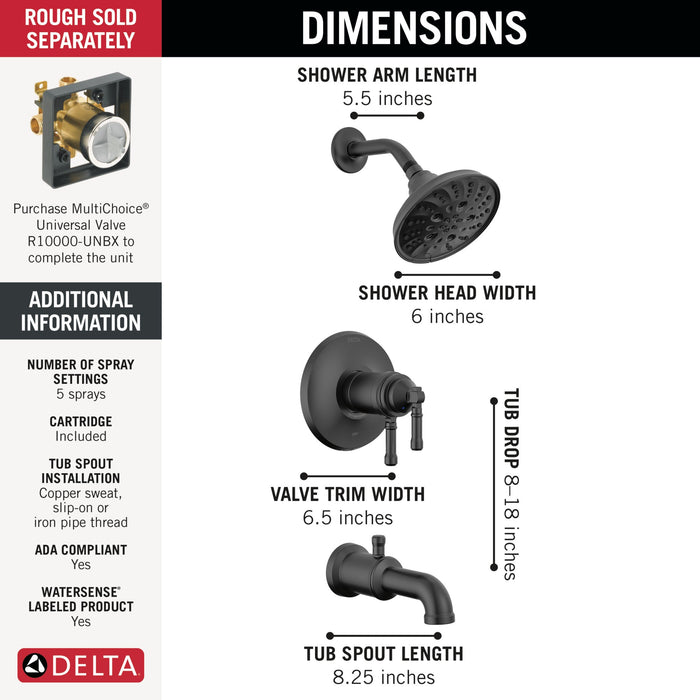 Delta Broderick T17T484 17T Series Tub Shower Trim, matte black - view 2