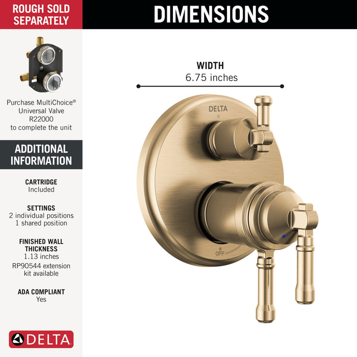Delta Broderick T27T884 17T Series Integrated Diverter Trim 3-Setting, lumicoat champagne bronze - view 2
