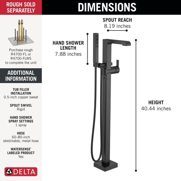 Delta Ara T4767 Single Handle Floor Mount Tub Filler Trim with Hand Shower, matte black - view 4