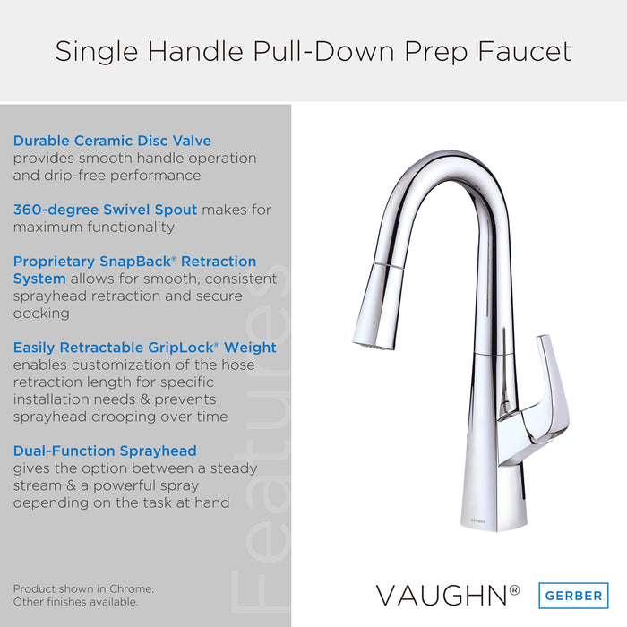 Gerber D150518 Vaughn 1H Pull-Down Prep Faucet 1.75gpm Chrome - Chrome