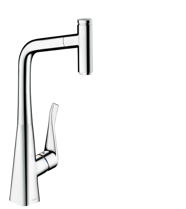 hansgrohe 14848001 Metris Select Pull-Out Prep Kitchen Faucet with Select On/Off Push Button in Chrome