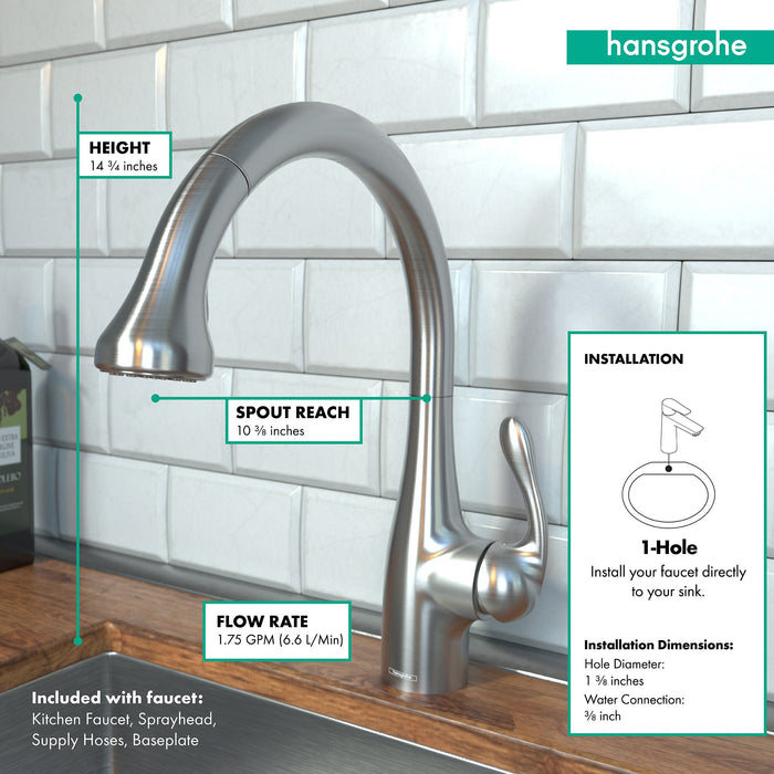 hansgrohe Allegro E Gourmet HighArc Kitchen Faucet, 2-Spray Pull-Down, 1.75 GPM, stainless steel optic - view 4
